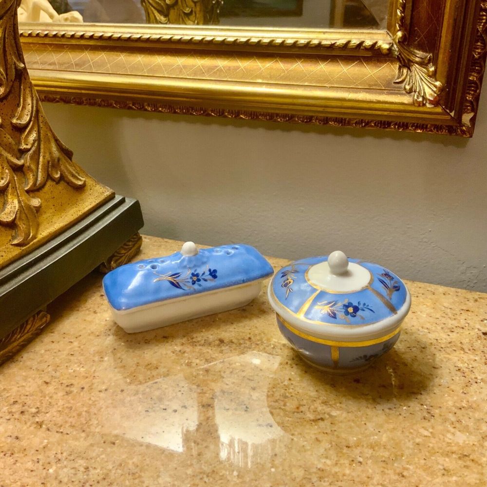 💥 2 Ceramic 4k Gold Blue Hand Painted Trinket Potpourri Jewelry Incense Box 💥